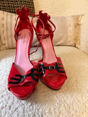 Red Patent Open-Toe Ankle-Strap Heels with Black Accent